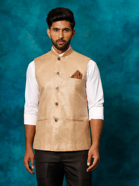 Vastramay Men's Beige Woven Nehru Jacket